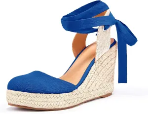 Ermonn Womens Espadrilles Wedge Sandals Platform Closed Toe Ankle Strap Lace Up Summer Shoes