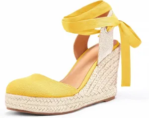 Ermonn Womens Espadrilles Wedge Sandals Platform Closed Toe Ankle Strap Lace Up Summer Shoes