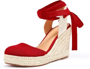 Ermonn Womens Espadrilles Wedge Sandals Platform Closed Toe Ankle Strap Lace Up Summer Shoes