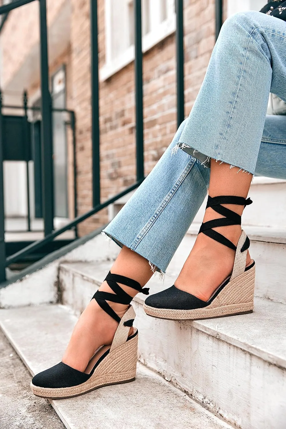 Ermonn Womens Espadrilles Wedge Sandals Platform Closed Toe Ankle Strap Lace Up Summer Shoes
