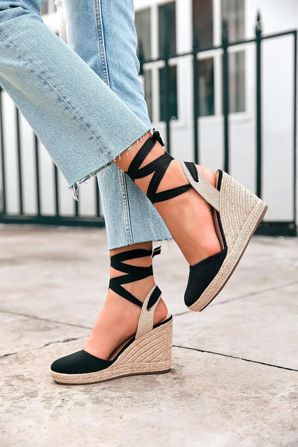 Ermonn Womens Espadrilles Wedge Sandals Platform Closed Toe Ankle Strap Lace Up Summer Shoes