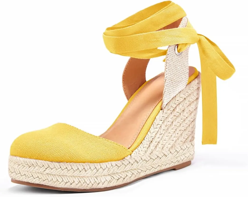 Ermonn Womens Espadrilles Wedge Sandals Platform Closed Toe Ankle Strap Lace Up Summer Shoes
