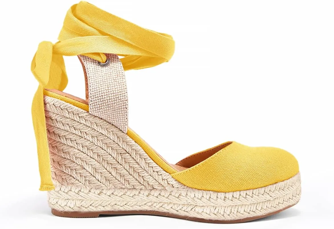 Ermonn Womens Espadrilles Wedge Sandals Platform Closed Toe Ankle Strap Lace Up Summer Shoes