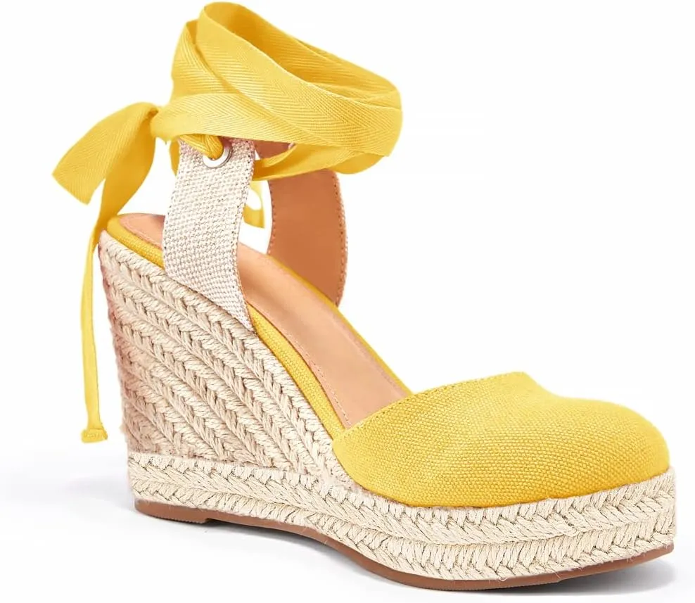 Ermonn Womens Espadrilles Wedge Sandals Platform Closed Toe Ankle Strap Lace Up Summer Shoes