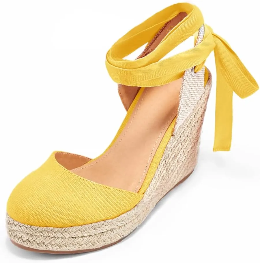 Ermonn Womens Espadrilles Wedge Sandals Platform Closed Toe Ankle Strap Lace Up Summer Shoes