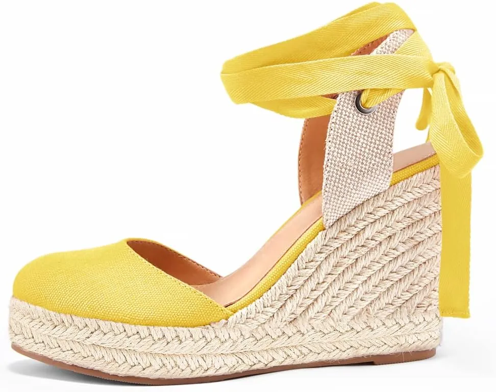 Ermonn Womens Espadrilles Wedge Sandals Platform Closed Toe Ankle Strap Lace Up Summer Shoes