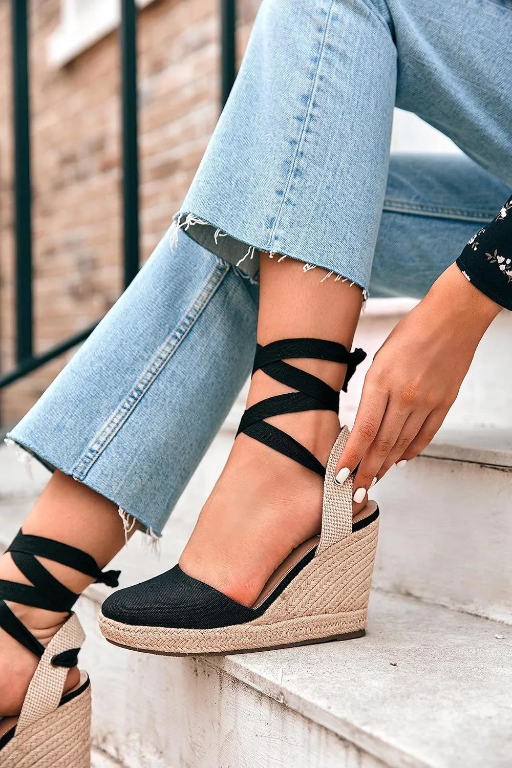 Ermonn Womens Espadrilles Wedge Sandals Platform Closed Toe Ankle Strap Lace Up Summer Shoes