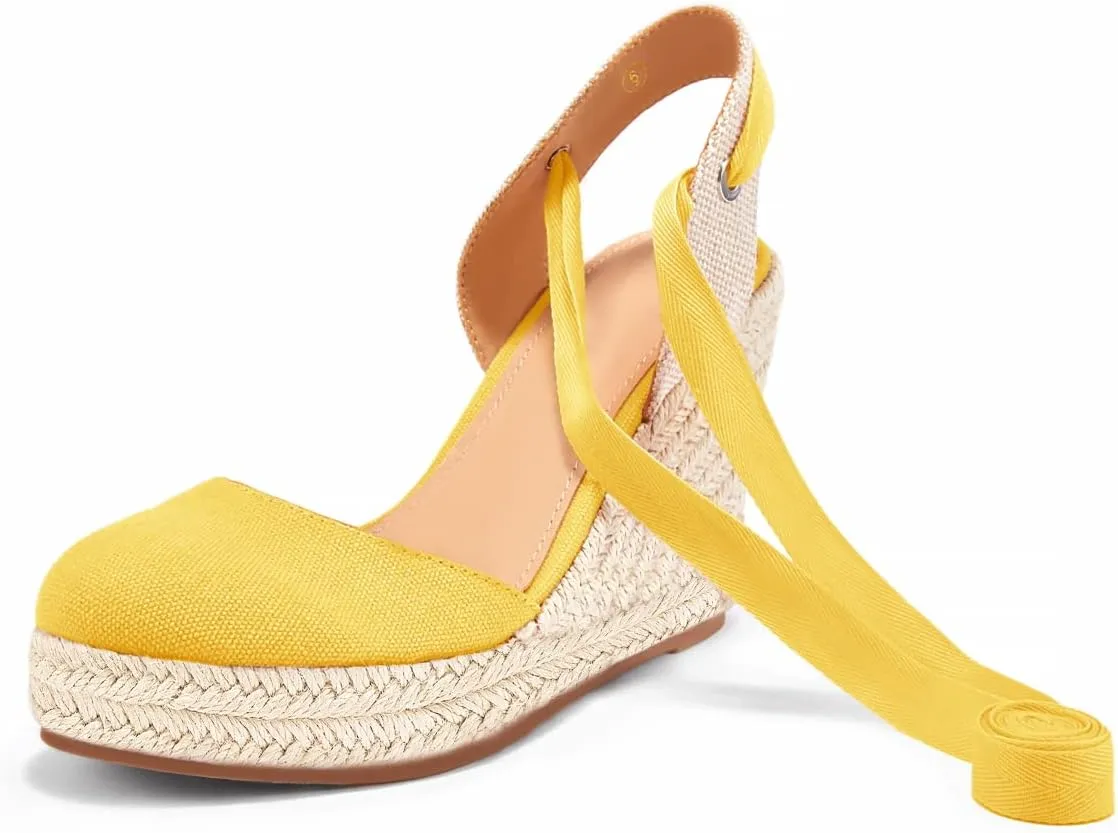 Ermonn Womens Espadrilles Wedge Sandals Platform Closed Toe Ankle Strap Lace Up Summer Shoes