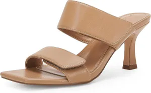 Ermonn Womens Two Strap Heeled Sandals Slip On Square Open Toe Stiletto Faux Leather Backless Mule Heels Slippers