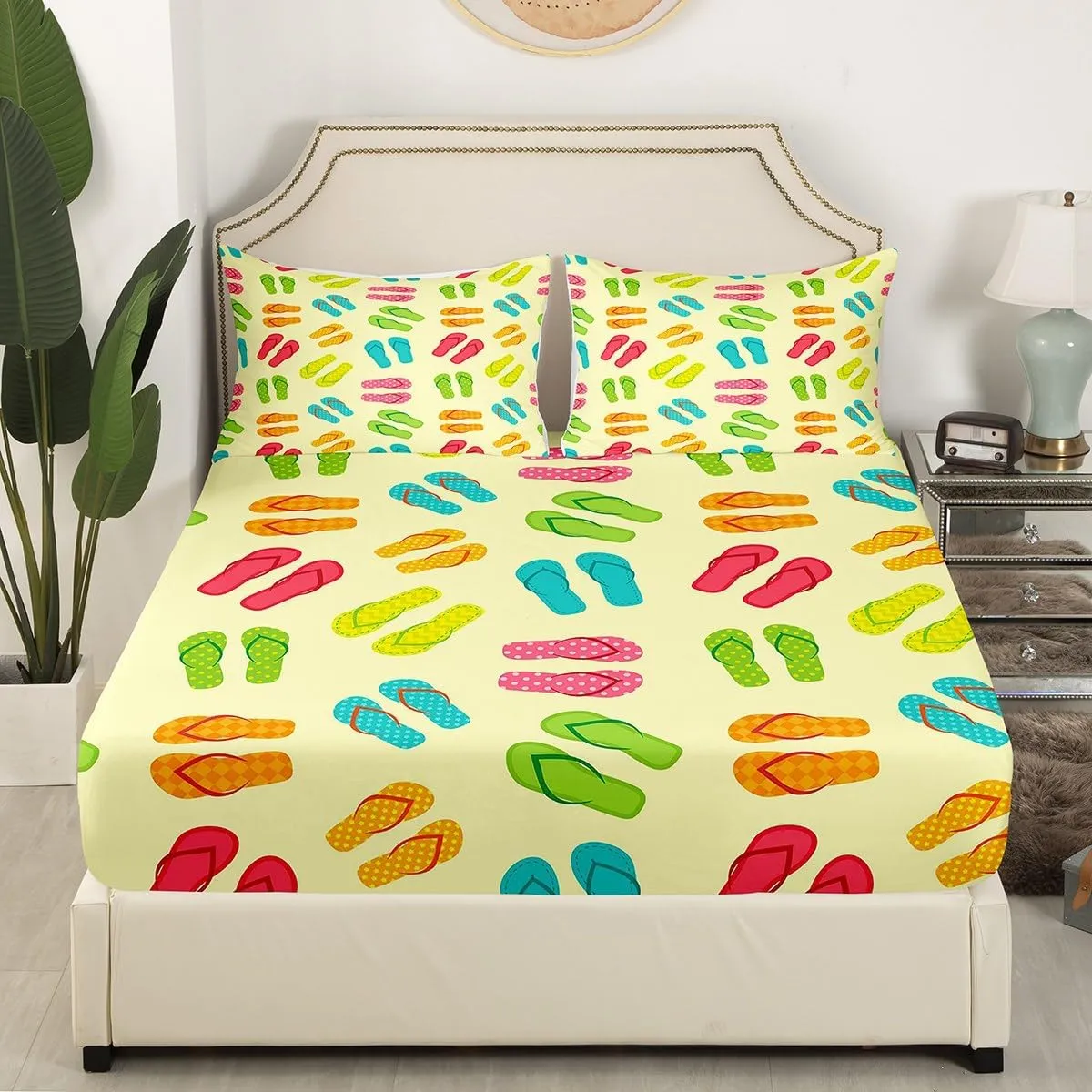 Erosebridal Colorful Flip Flops Bed Sheets Set Beach Slippers Queen Size Sheet Sets for Kids Boys Girls, Summer Holiday Sheets Hawaii Farmhouse Bed Set, Coastal Lodge Cabin Flat Sheet