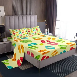 Erosebridal Colorful Flip Flops Bed Sheets Set Beach Slippers Queen Size Sheet Sets for Kids Boys Girls, Summer Holiday Sheets Hawaii Farmhouse Bed Set, Coastal Lodge Cabin Flat Sheet