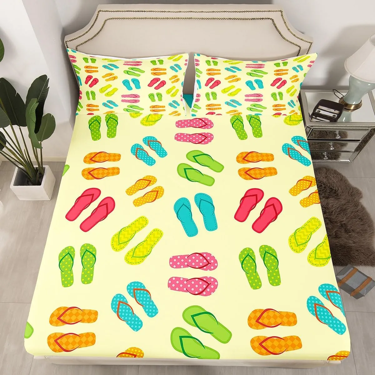 Erosebridal Colorful Flip Flops Bed Sheets Set Beach Slippers Queen Size Sheet Sets for Kids Boys Girls, Summer Holiday Sheets Hawaii Farmhouse Bed Set, Coastal Lodge Cabin Flat Sheet
