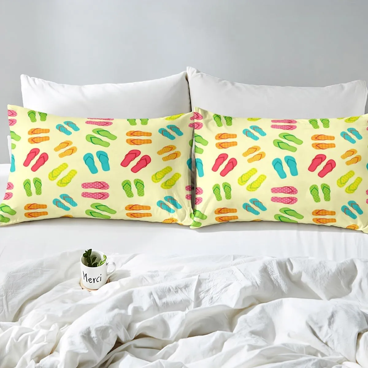 Erosebridal Colorful Flip Flops Bed Sheets Set Beach Slippers Queen Size Sheet Sets for Kids Boys Girls, Summer Holiday Sheets Hawaii Farmhouse Bed Set, Coastal Lodge Cabin Flat Sheet