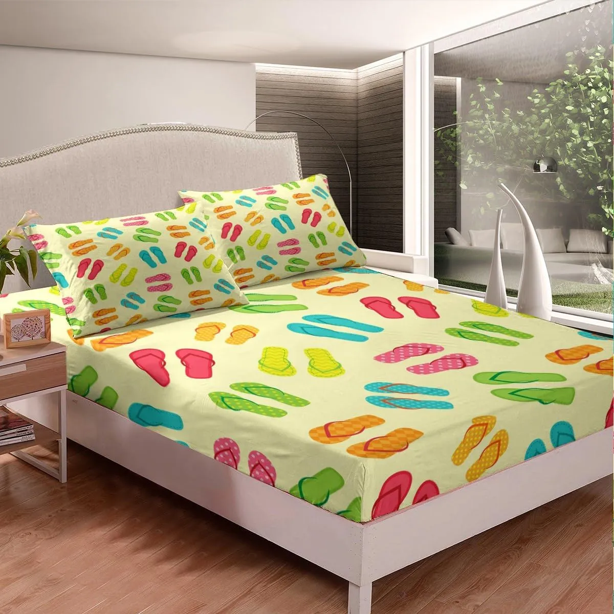 Erosebridal Colorful Flip Flops Bed Sheets Set Beach Slippers Queen Size Sheet Sets for Kids Boys Girls, Summer Holiday Sheets Hawaii Farmhouse Bed Set, Coastal Lodge Cabin Flat Sheet
