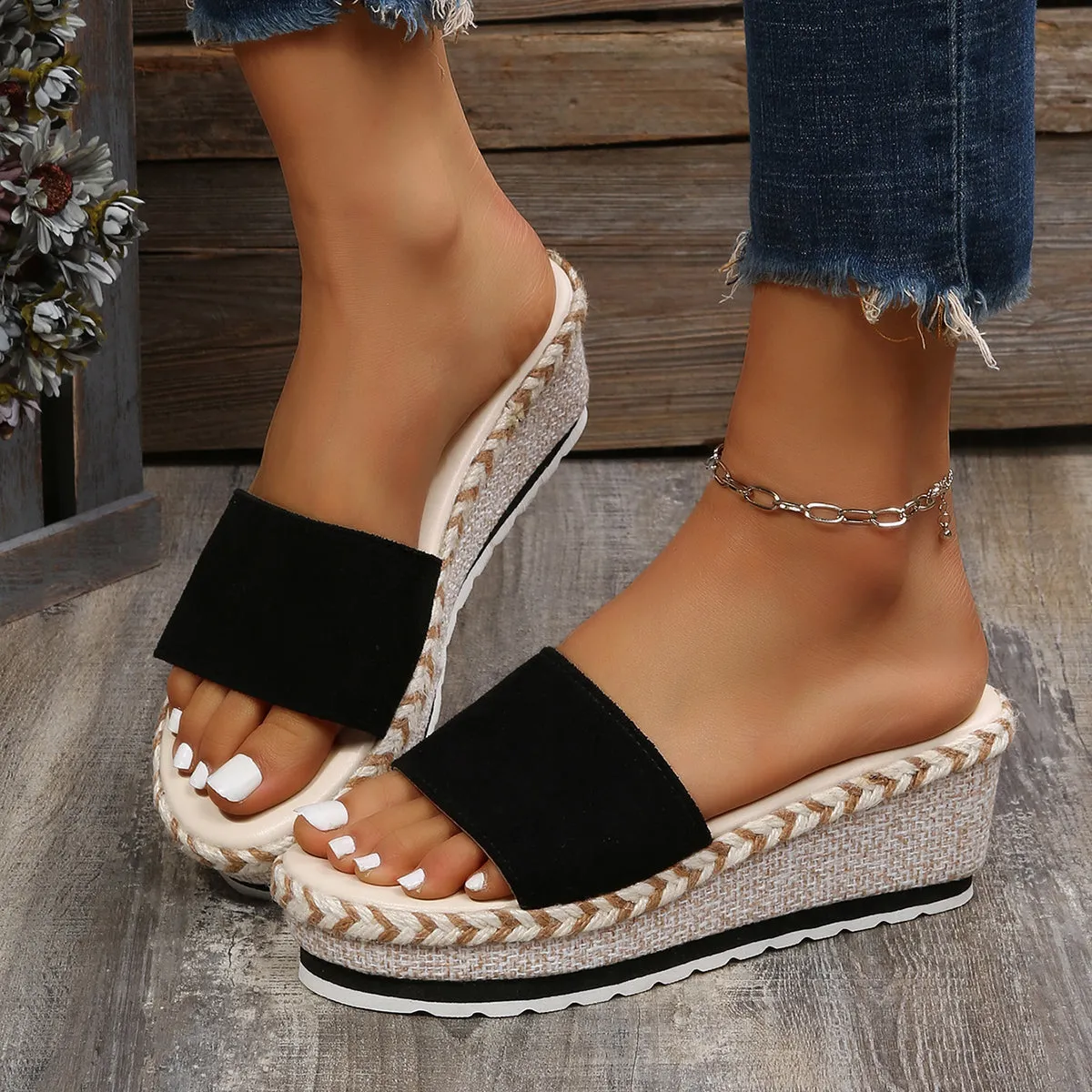 Espadrille Black Five-star Platform Premium for less Wedges Sandals Slide