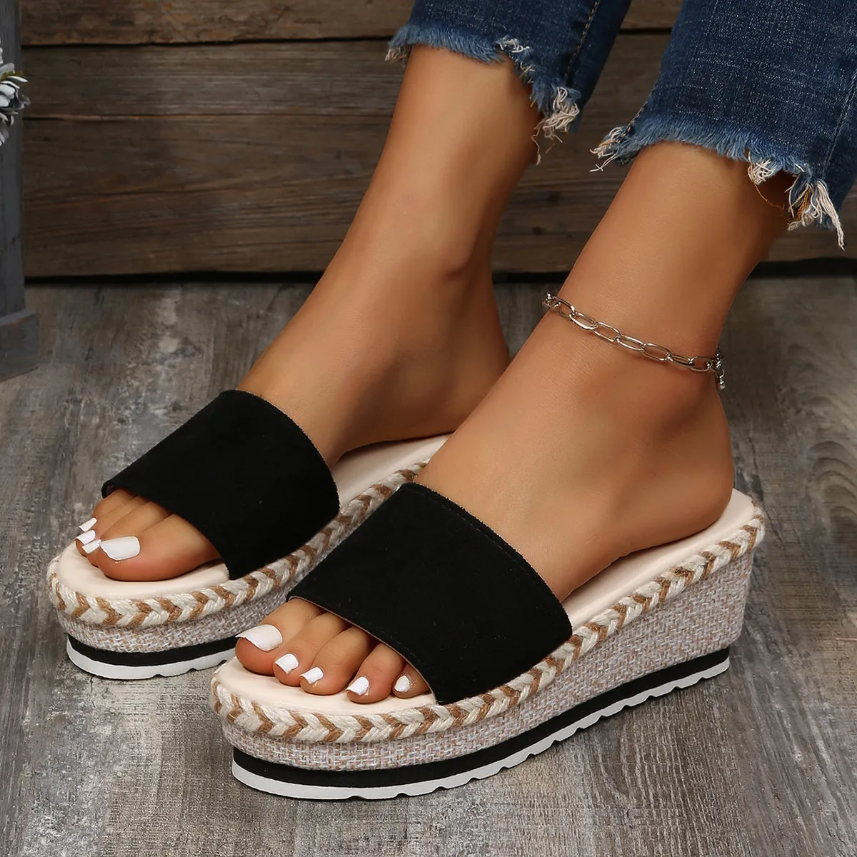 Espadrille Black Five-star Platform Premium for less Wedges Sandals Slide