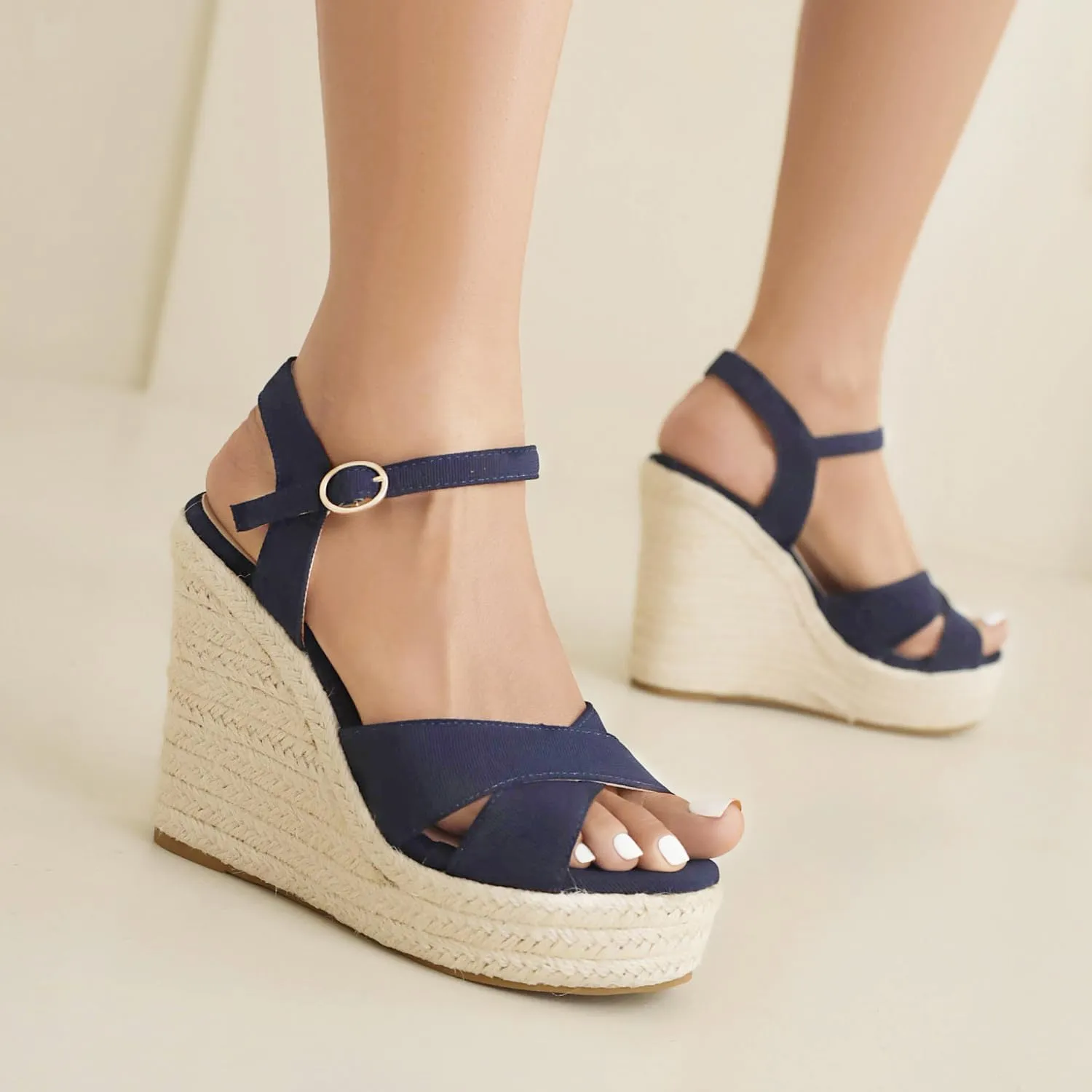 Espadrille Wedge Sandals for Women, Women's Platform Wedge Heels, High Heel Summer Wedges for Women with Breathable Knitted Textile Upper Open Toe Ankle Strap
