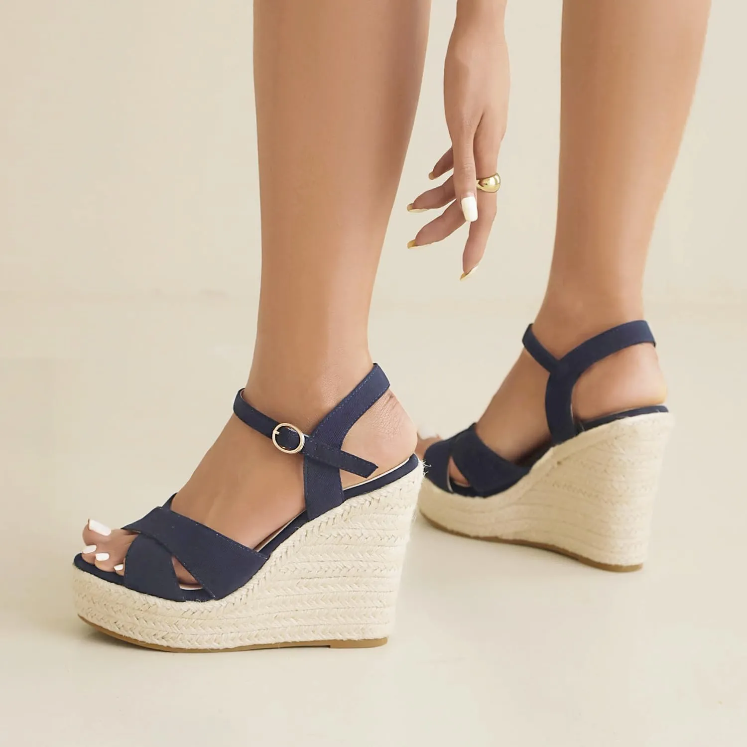 Espadrille Wedge Sandals for Women, Women's Platform Wedge Heels, High Heel Summer Wedges for Women with Breathable Knitted Textile Upper Open Toe Ankle Strap