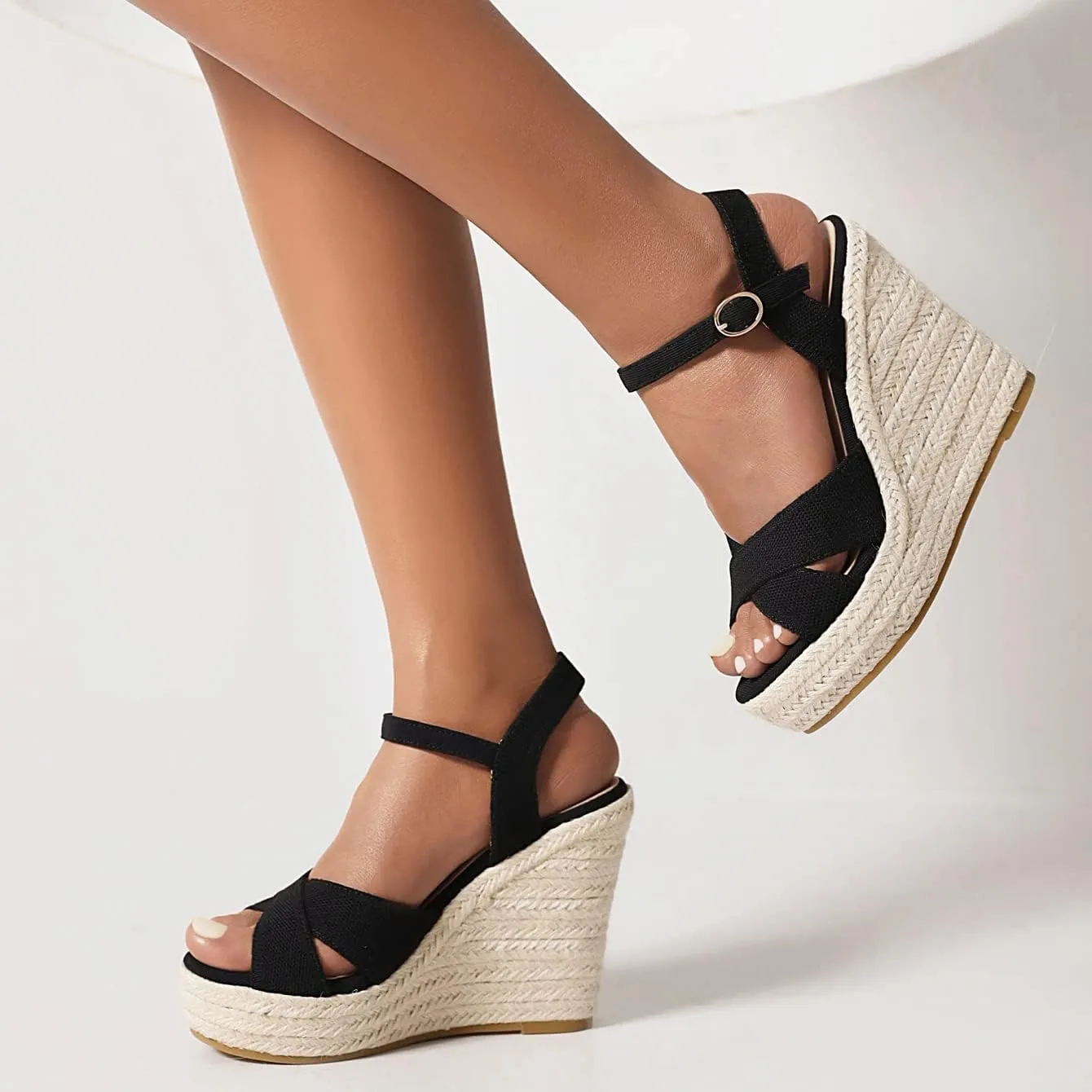 Espadrille Wedge Sandals for Women, Women's Platform Wedge Heels, High Heel Summer Wedges for Women with Breathable Knitted Textile Upper Open Toe Ankle Strap