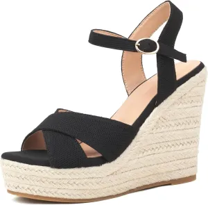 Espadrille Wedge Sandals for Women, Women's Platform Wedge Heels, High Heel Summer Wedges for Women with Breathable Knitted Textile Upper Open Toe Ankle Strap