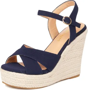 Espadrille Wedge Sandals for Women, Women's Platform Wedge Heels, High Heel Summer Wedges for Women with Breathable Knitted Textile Upper Open Toe Ankle Strap