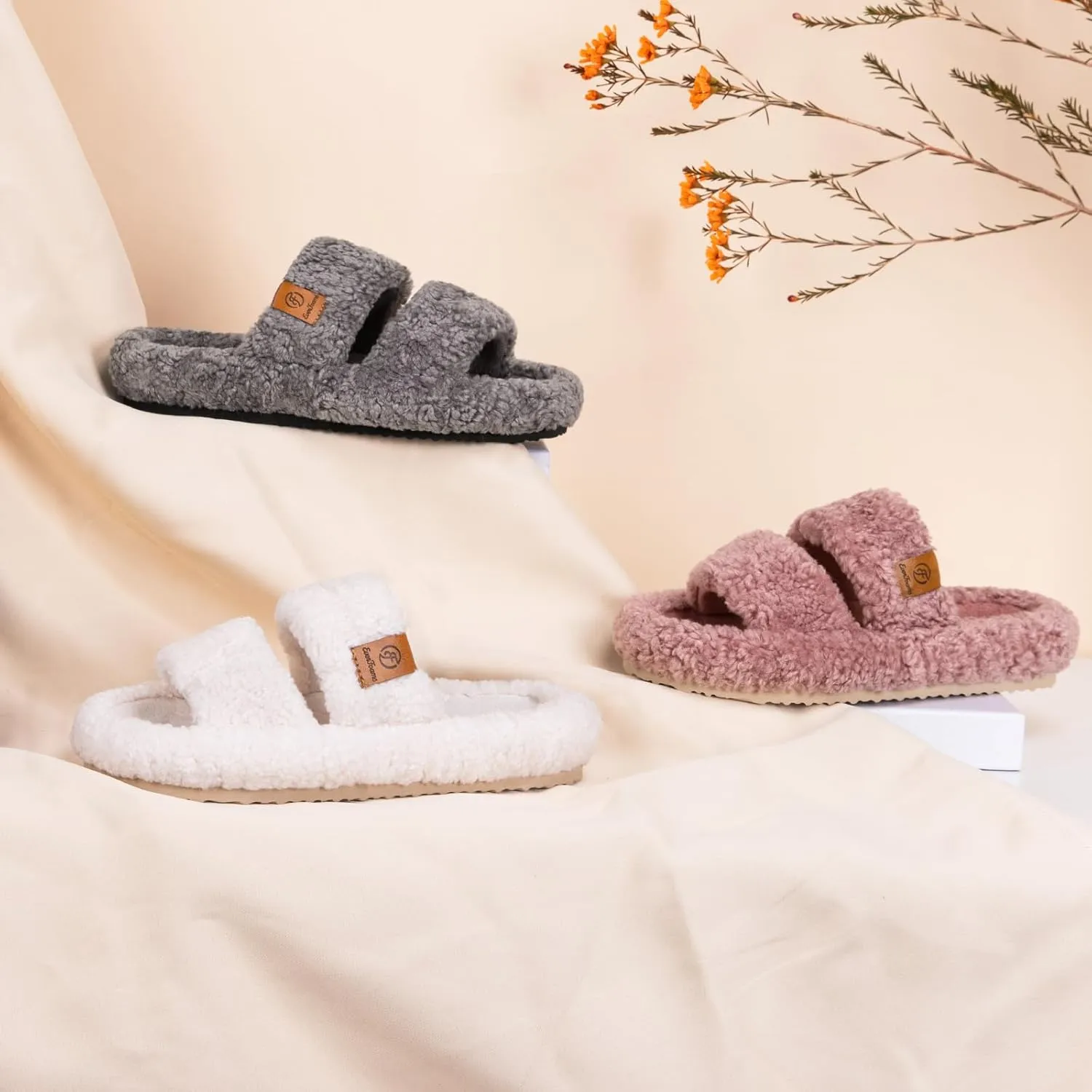 EverFoams Womens Fuzzy Open-toe Slippers Soft Comfy Memory Foam Indoor House Shoes