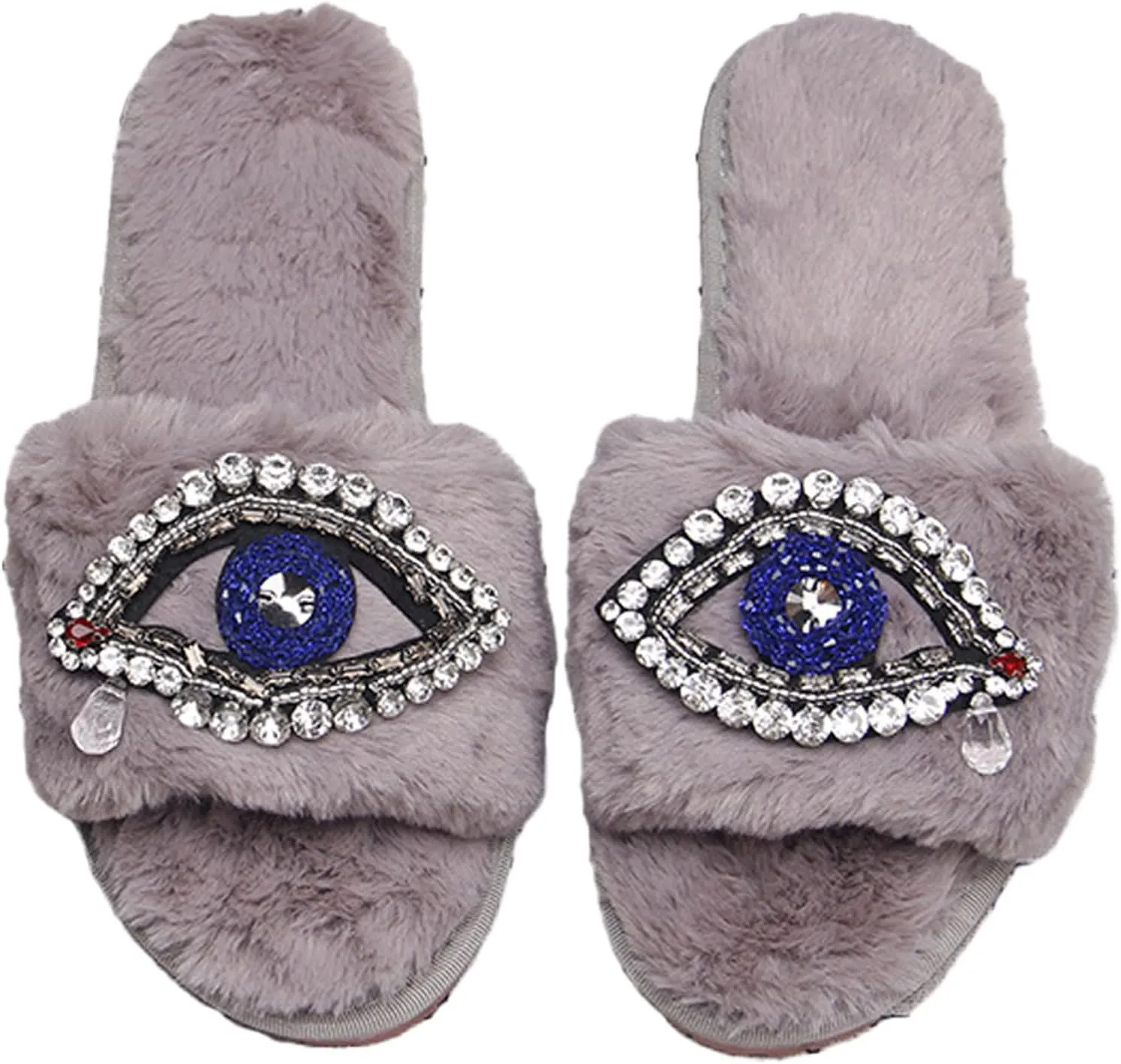 Evil Eye Slippers Women Plush Flat Slippers Tears on Slides Fashion Fuzzy Plush Slides Flip Flop Indoor Bedroom Shoes