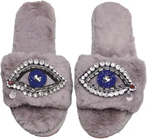 Evil Eye Slippers Women Plush Flat Slippers Tears on Slides Fashion Fuzzy Plush Slides Flip Flop Indoor Bedroom Shoes