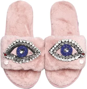 Evil Eye Slippers Women Plush Flat Slippers Tears on Slides Fashion Fuzzy Plush Slides Flip Flop Indoor Bedroom Shoes
