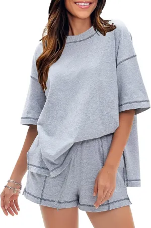 EXLURA Women's Casual Summer 2 Piece Sets 100% Cotton Short Sleeve Tshirt and Shorts Matching Sweatsuits Lounge Set 2025