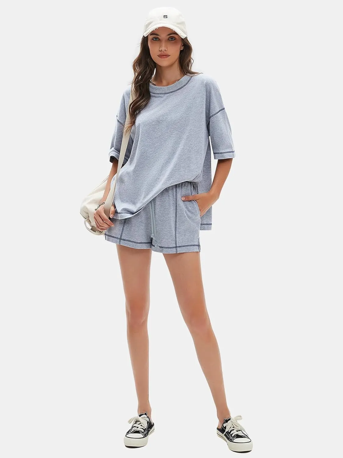 EXLURA Women's Casual Summer 2 Piece Sets 100% Cotton Short Sleeve Tshirt and Shorts Matching Sweatsuits Lounge Set 2025