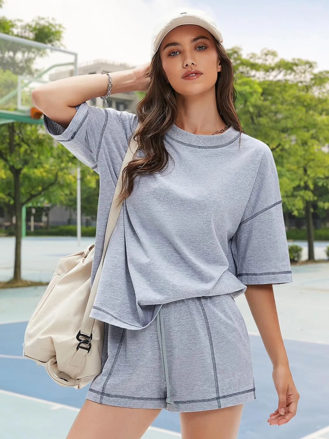 EXLURA Women's Casual Summer 2 Piece Sets 100% Cotton Short Sleeve Tshirt and Shorts Matching Sweatsuits Lounge Set 2025