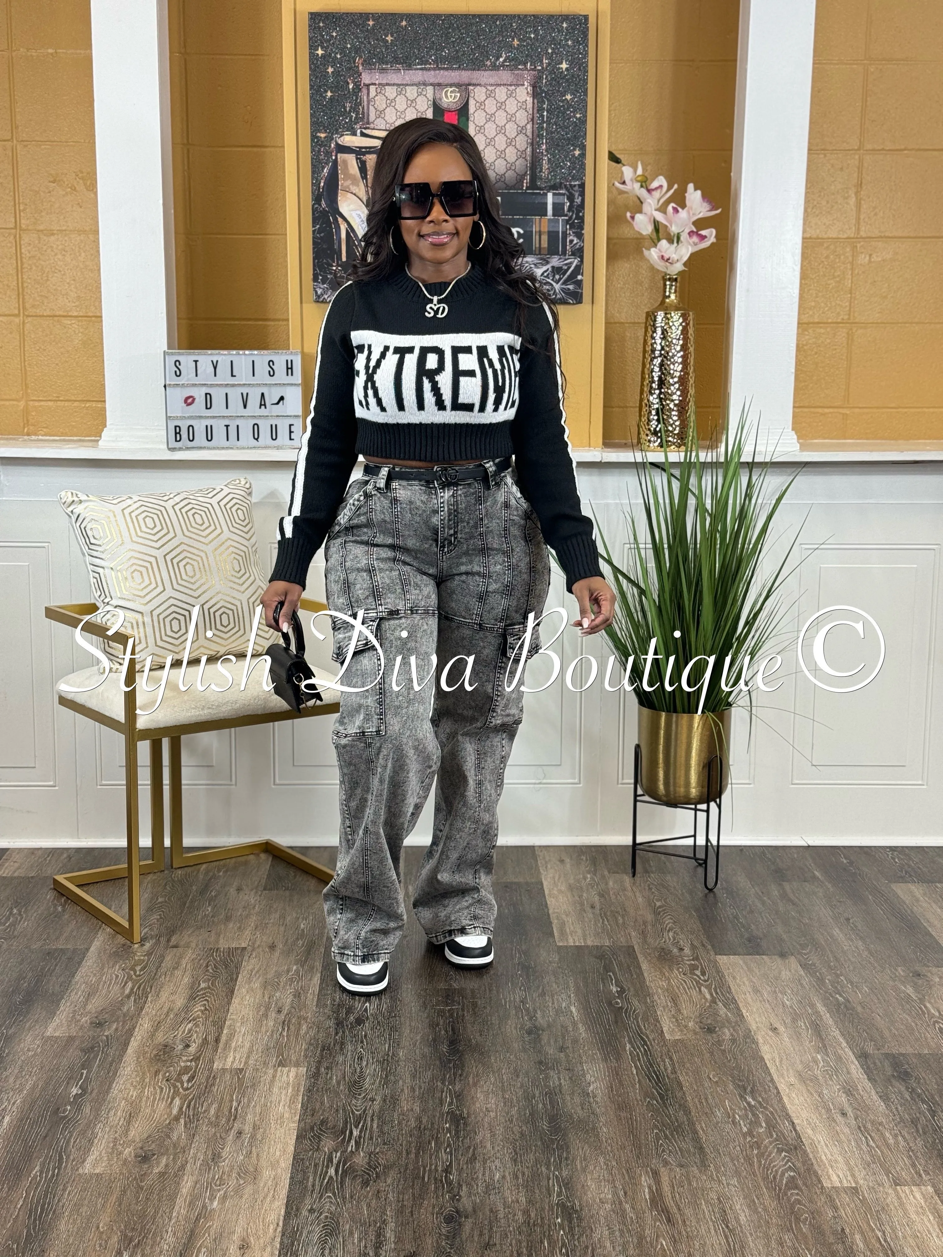 Extreme Knit Cropped Sweater (Black/White)