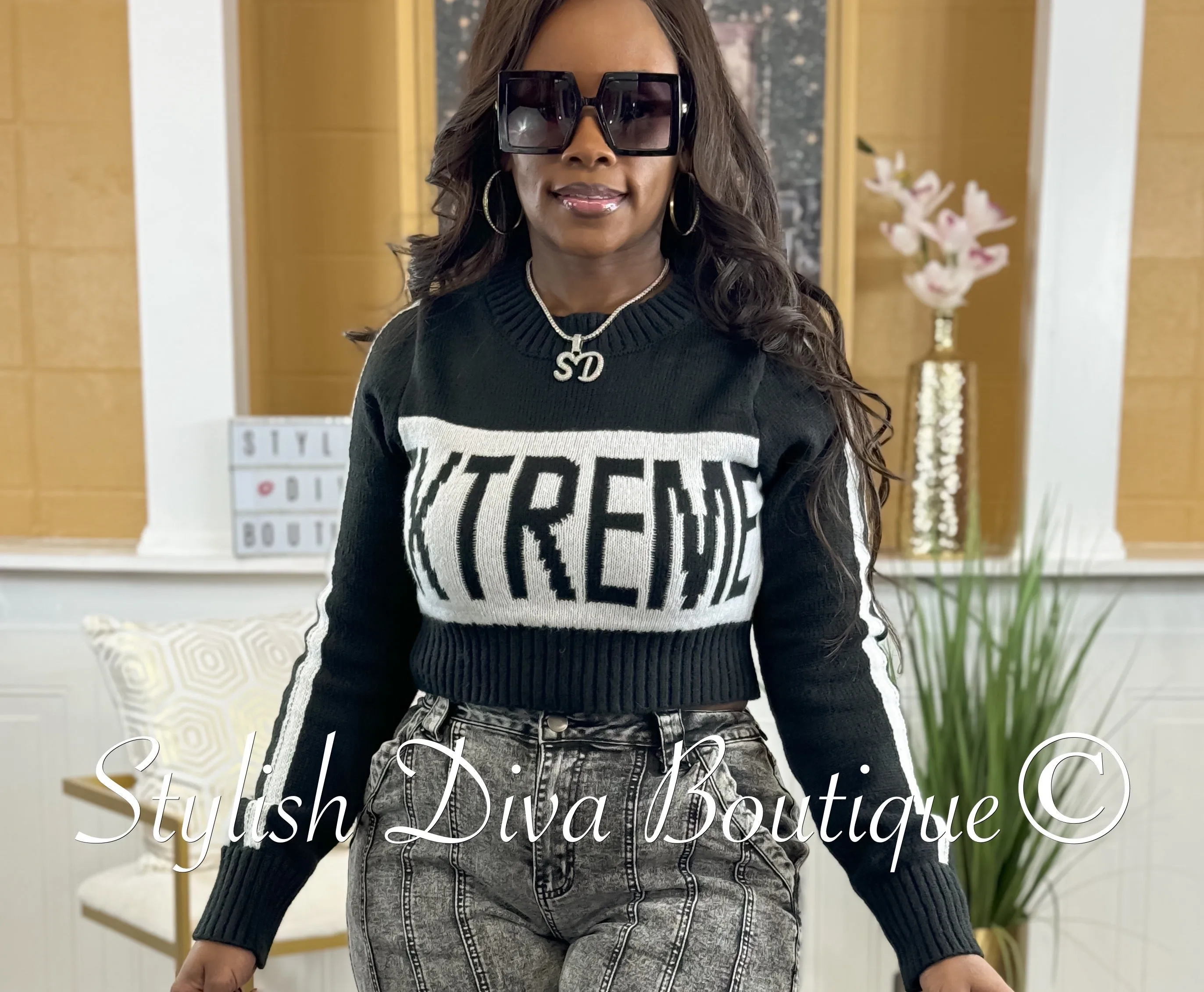 Extreme Knit Cropped Sweater (Black/White)