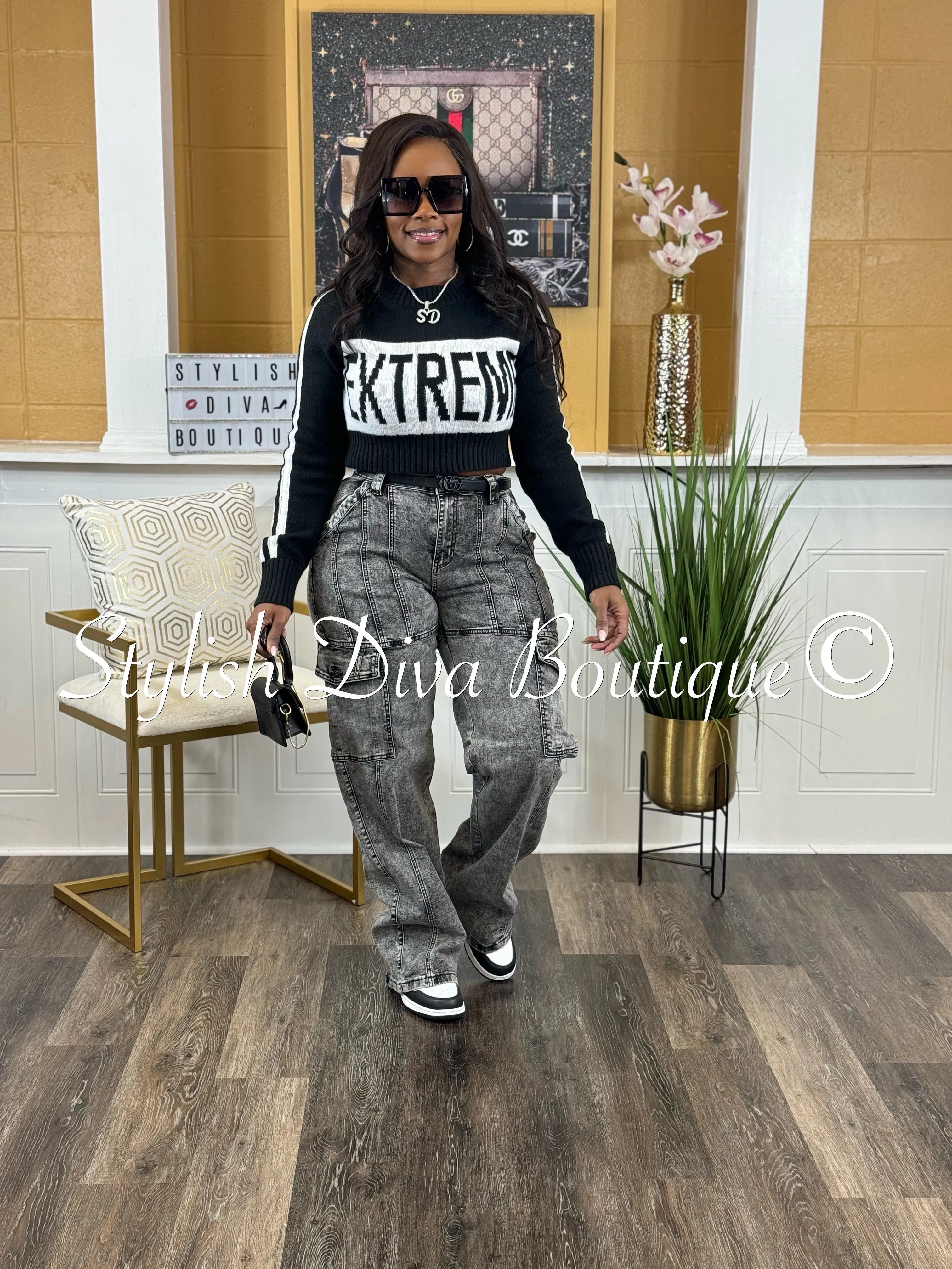 Extreme Knit Cropped Sweater (Black/White)