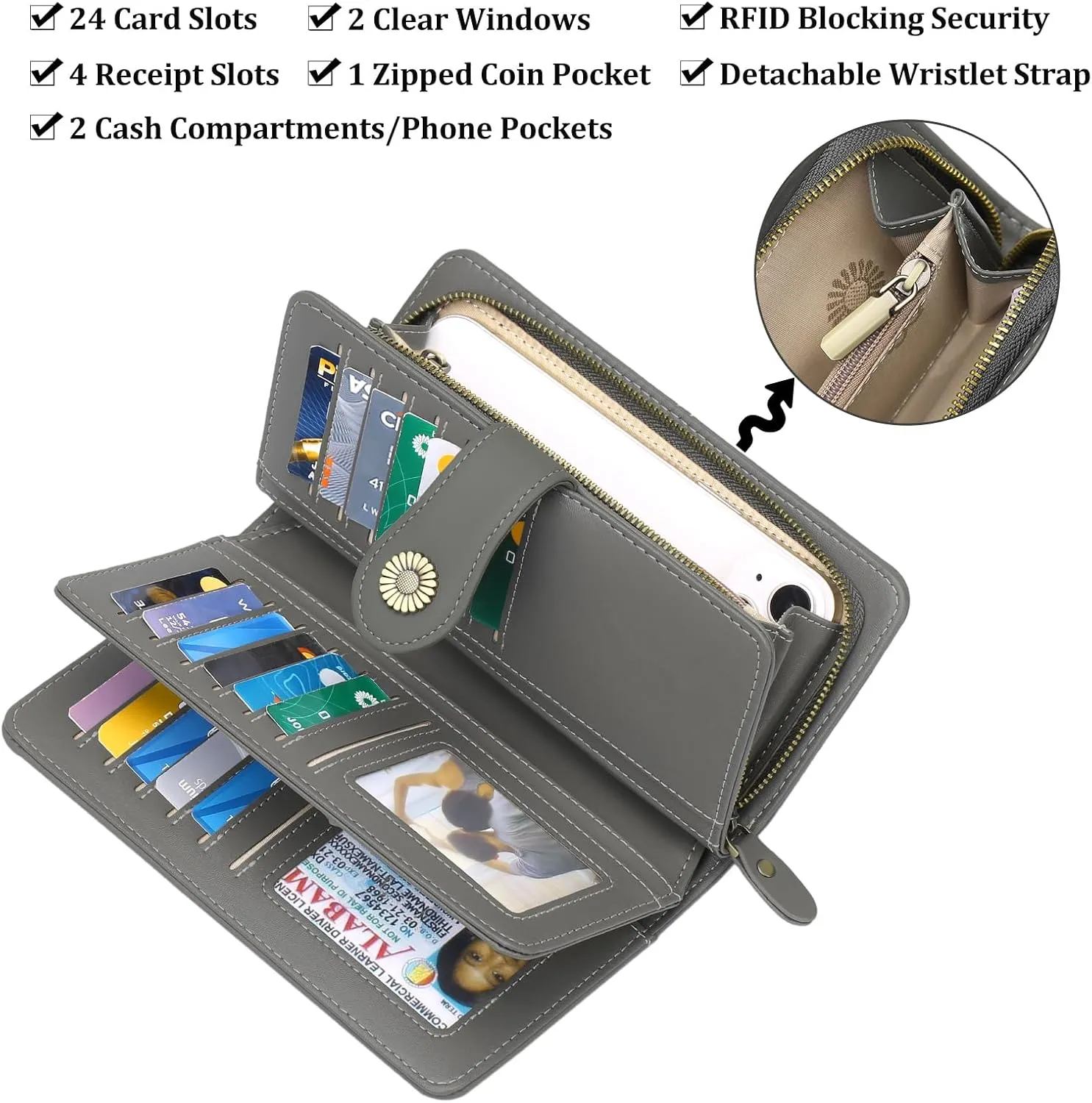 FALAN MULE Women Genuine Leather Wallet Large Capacity Bifold RFID Blocking Card Holder with Zipper Coin Pocket