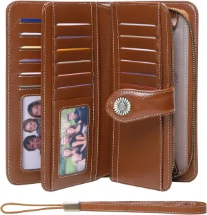 FALAN MULE Women Genuine Leather Wallet Large Capacity Bifold RFID Blocking Card Holder with Zipper Coin Pocket