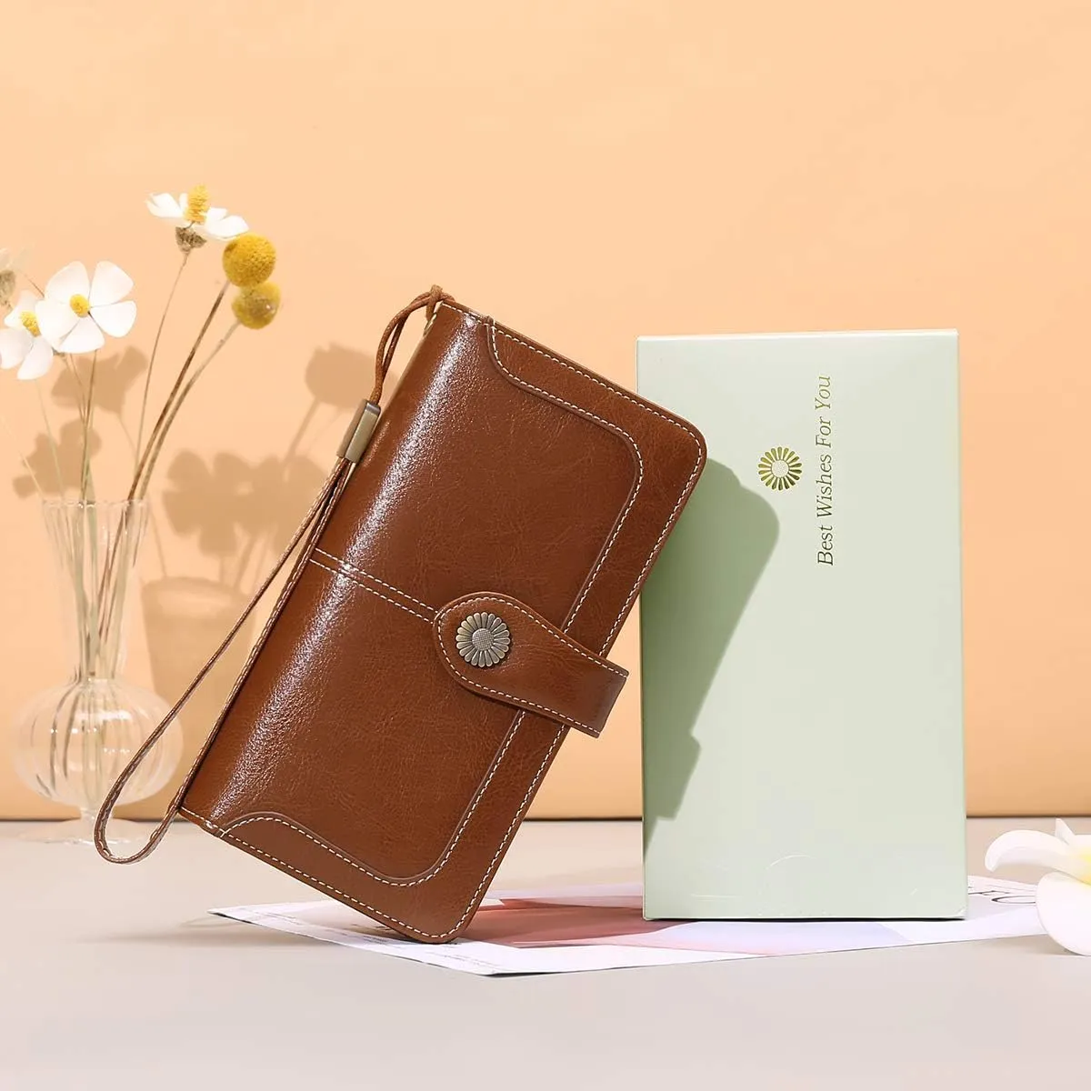 FALAN MULE Women Genuine Leather Wallet Large Capacity Bifold RFID Blocking Card Holder with Zipper Coin Pocket
