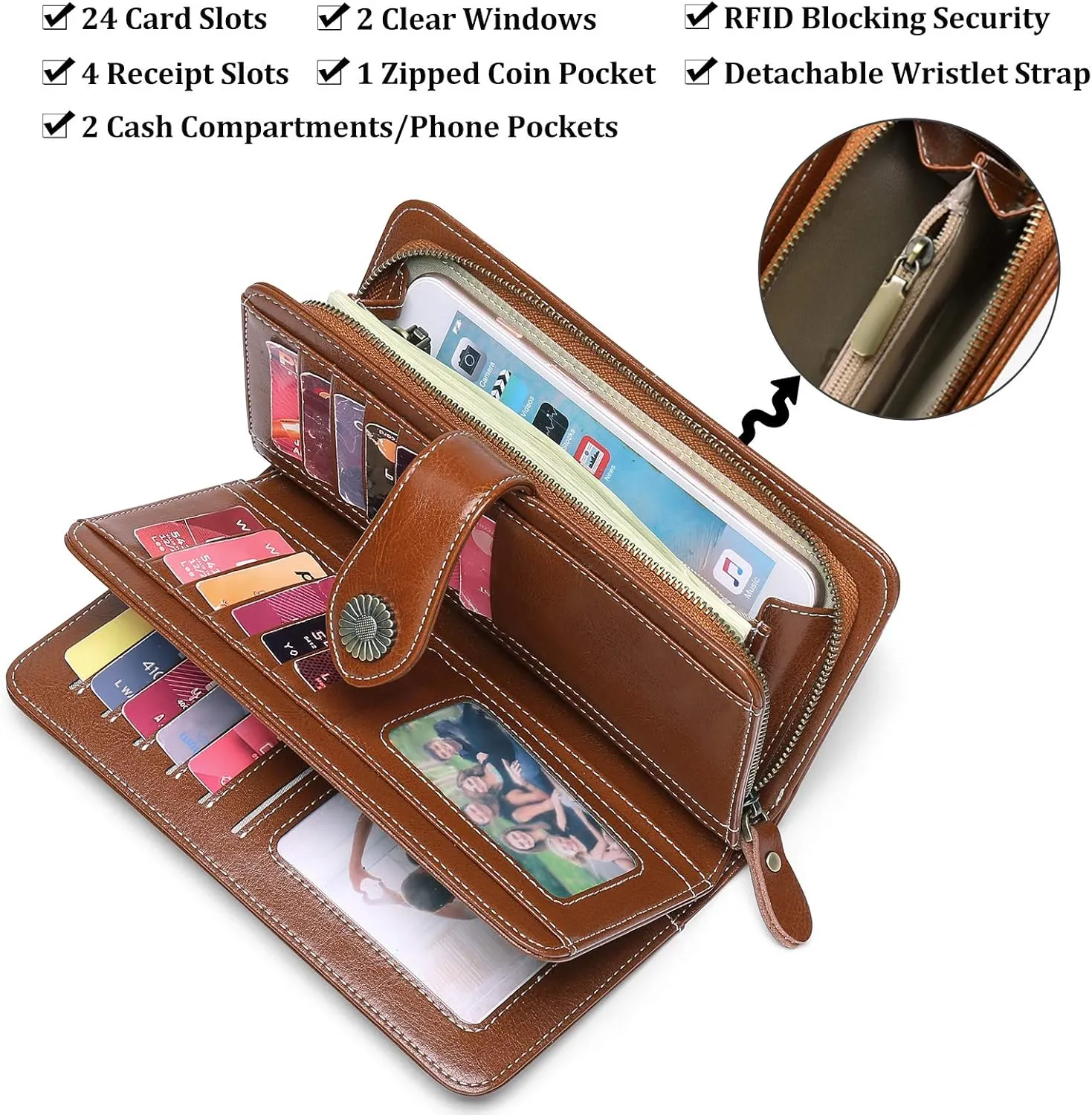 FALAN MULE Women Genuine Leather Wallet Large Capacity Bifold RFID Blocking Card Holder with Zipper Coin Pocket