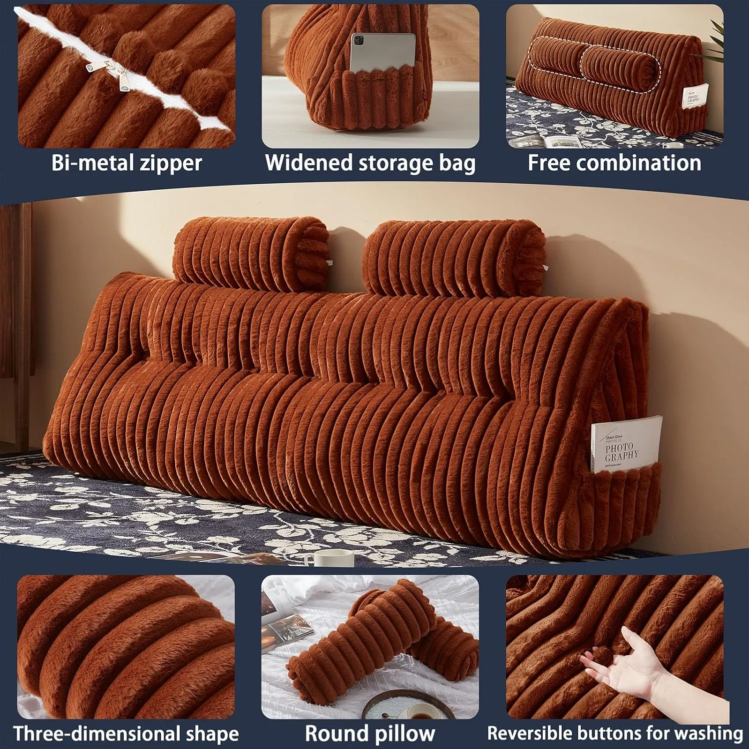Faux Fur Headboard Pillow with 2 Pack Neck Roll Pillow Large Headboard Pillow Soft and Supportive with Removable Cover (Brown, King)