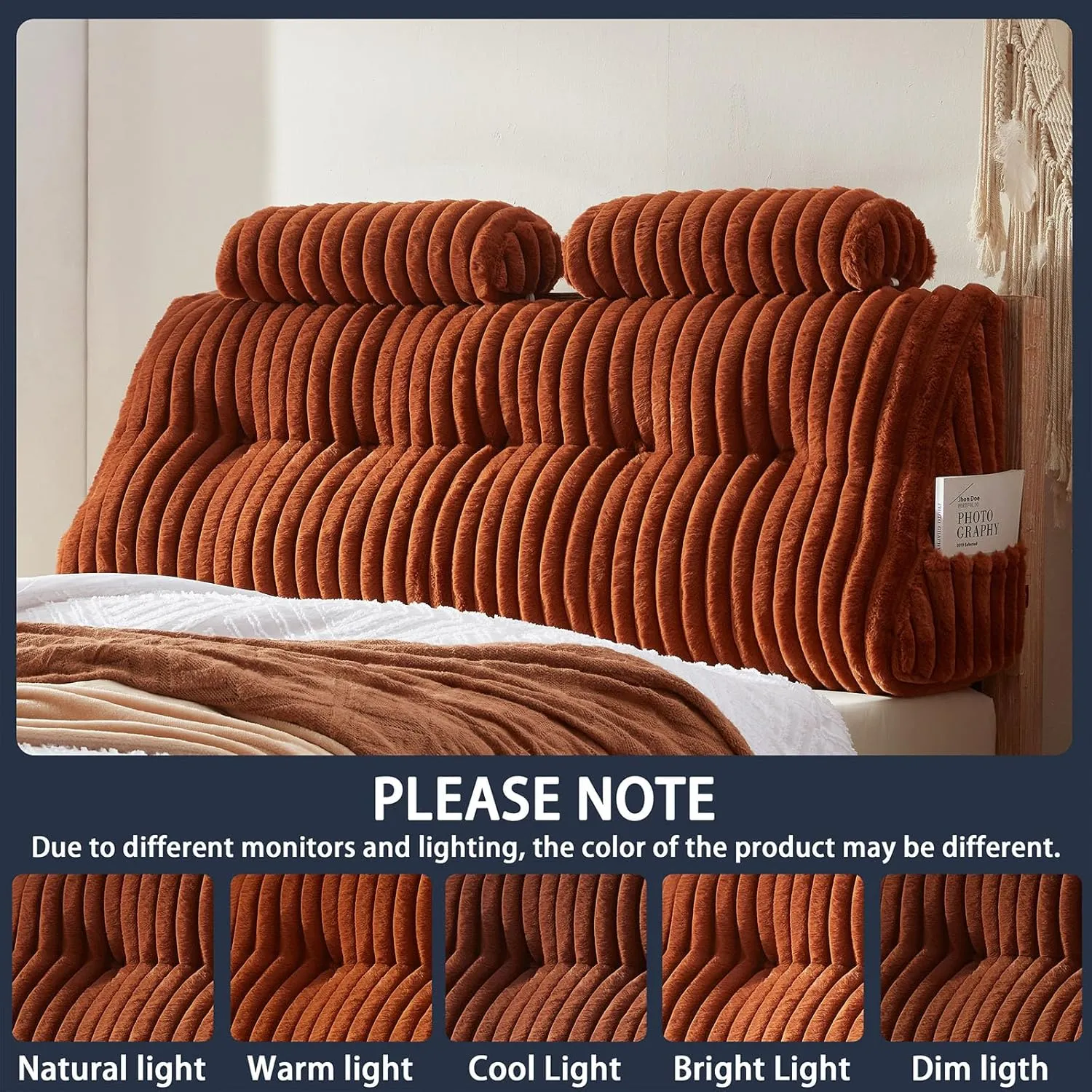 Faux Fur Headboard Pillow with 2 Pack Neck Roll Pillow Large Headboard Pillow Soft and Supportive with Removable Cover (Brown, King)