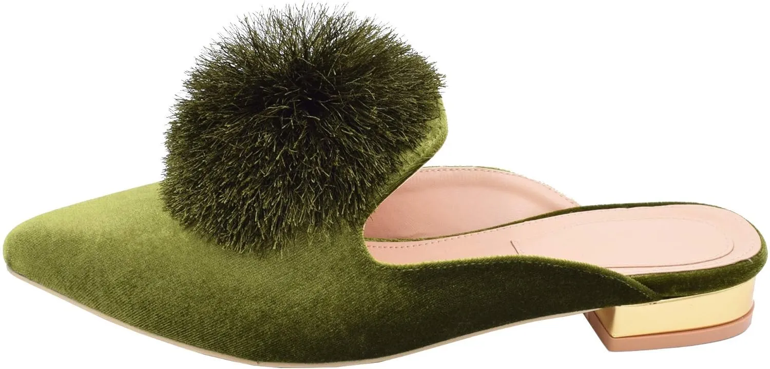 Fericzot Slip On Mule Backless Loafers Flats Puff Pompom Pointed Toe Casual Shoes Slippers