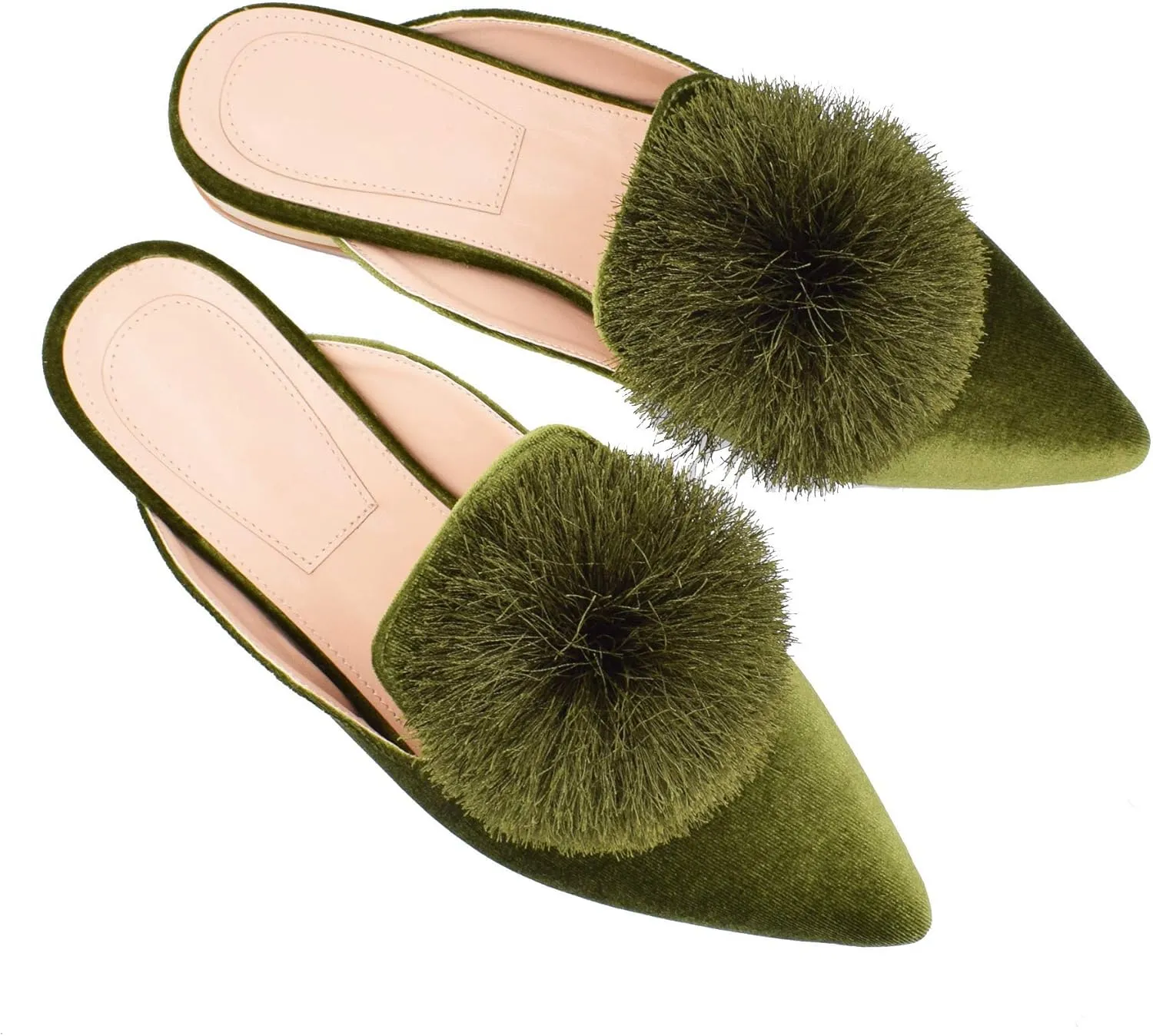Fericzot Slip On Mule Backless Loafers Flats Puff Pompom Pointed Toe Casual Shoes Slippers