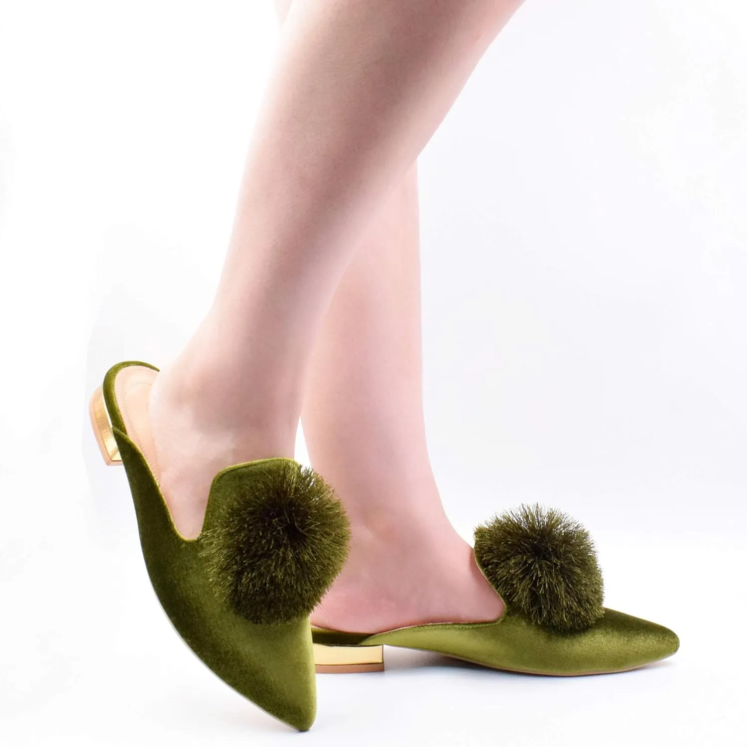 Fericzot Slip On Mule Backless Loafers Flats Puff Pompom Pointed Toe Casual Shoes Slippers