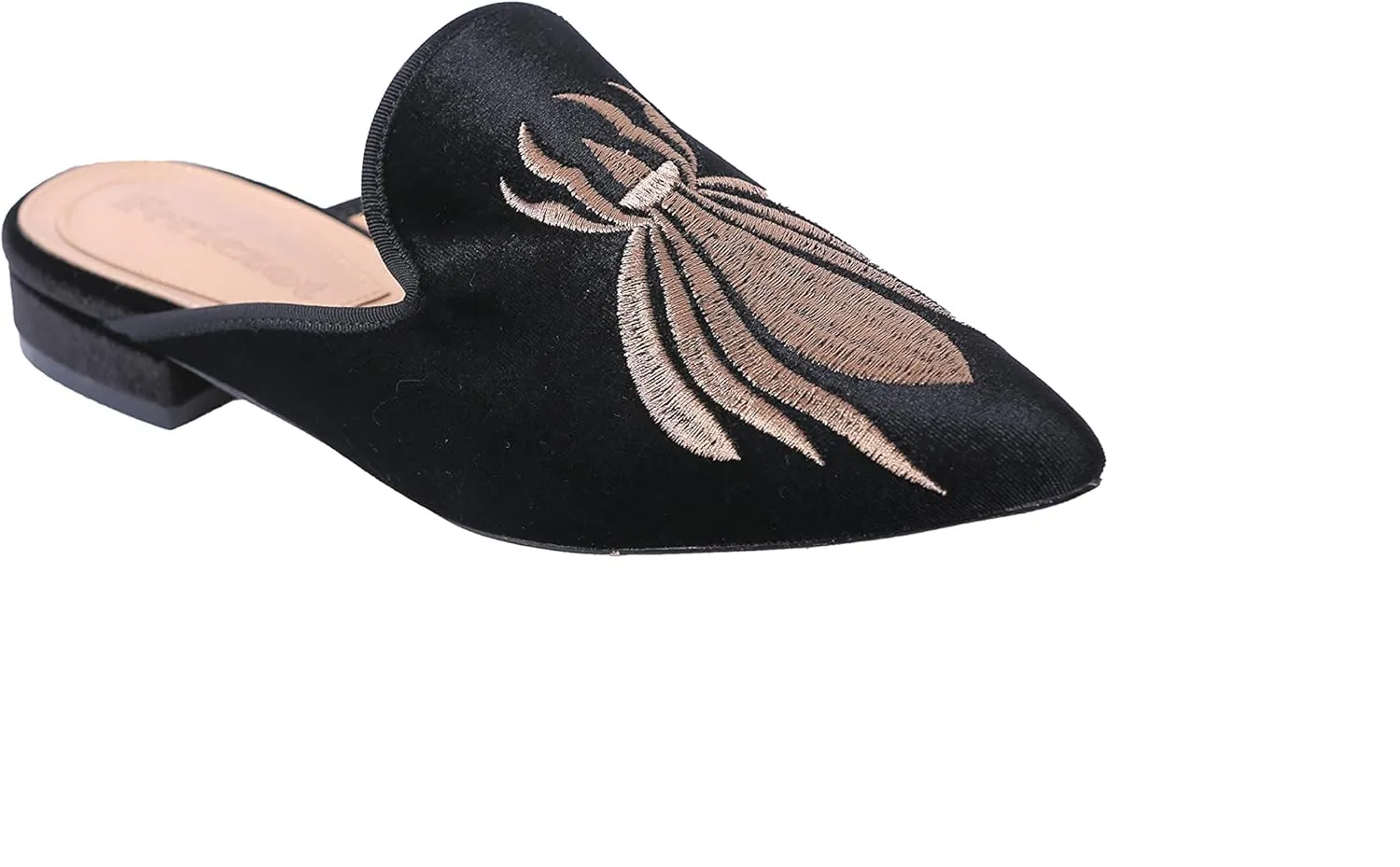 Fericzot Women's Velvet Backless Pointed Toe Slip On Loafers Flats Embroidery Mule Slippers Shoes