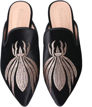 Fericzot Women's Velvet Backless Pointed Toe Slip On Loafers Flats Embroidery Mule Slippers Shoes
