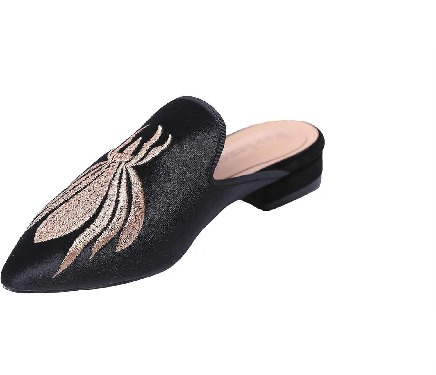 Fericzot Women's Velvet Backless Pointed Toe Slip On Loafers Flats Embroidery Mule Slippers Shoes
