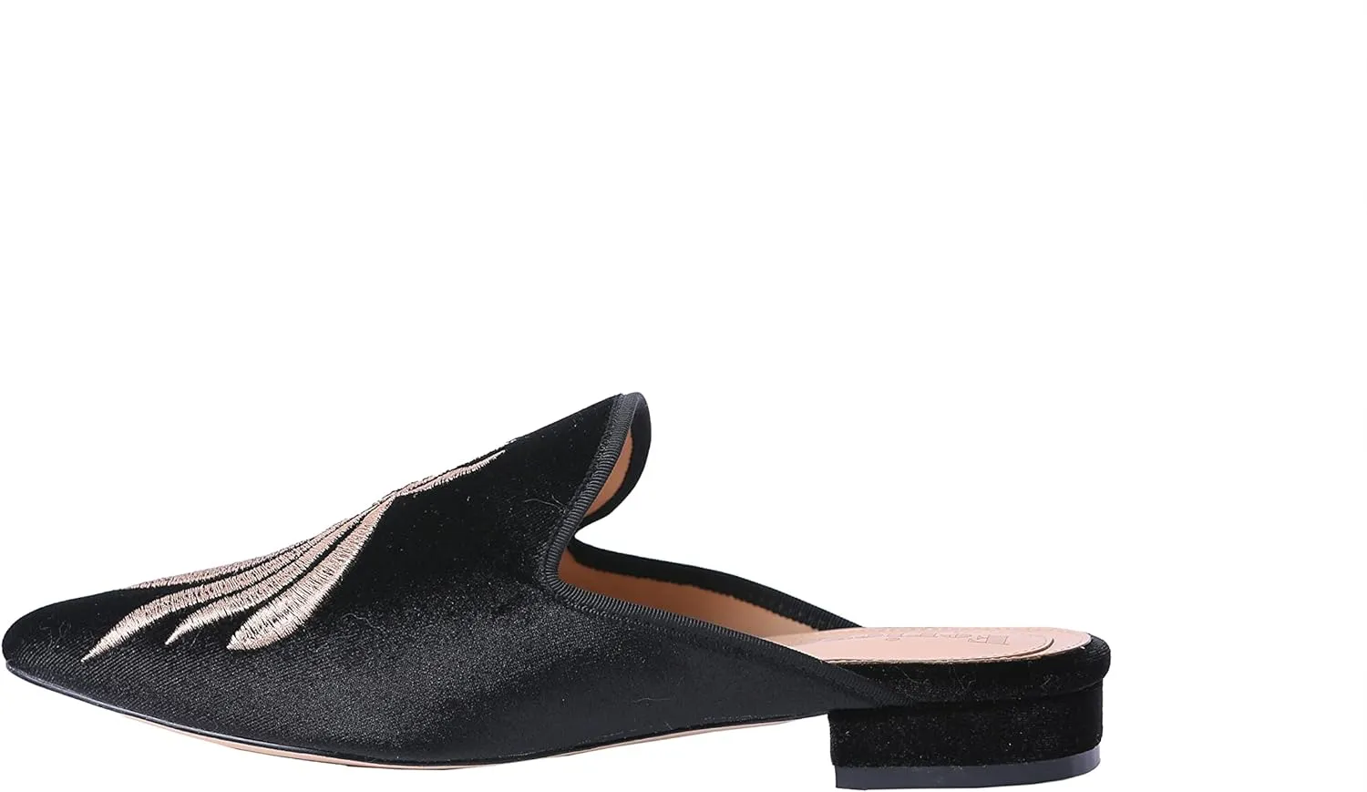 Fericzot Women's Velvet Backless Pointed Toe Slip On Loafers Flats Embroidery Mule Slippers Shoes