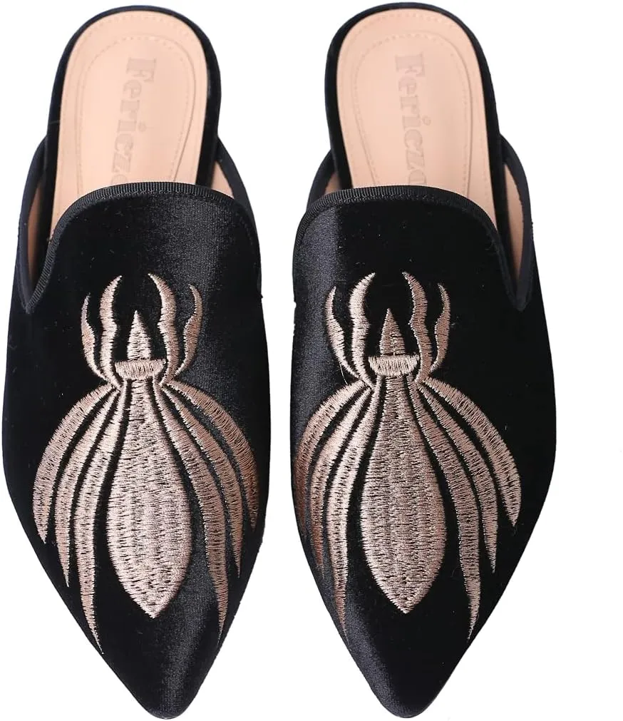 Fericzot Women's Velvet Backless Pointed Toe Slip On Loafers Flats Embroidery Mule Slippers Shoes