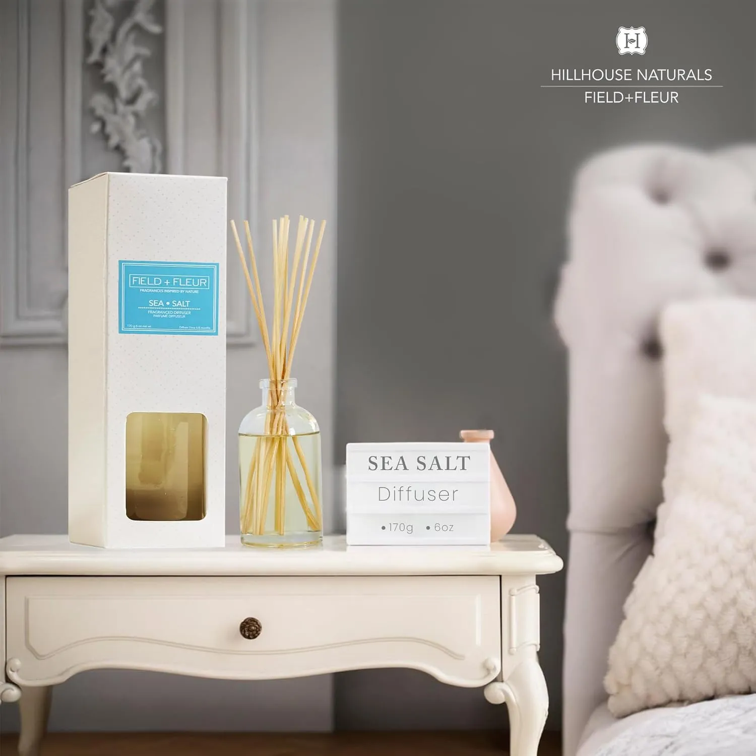FIELD FLEUR Sea Salt 6oz. Diffuser is a Blend of California Lemon,Water Lily, White Jasmine,Driftwood & Rosewater, sea Salt,Watery Musk & Coconut Water. Diffuse time 4-6 Months. Made in The USA.